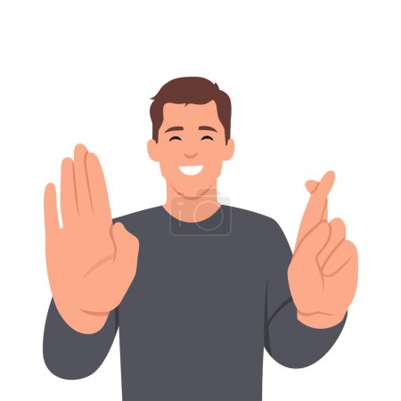 Illustration for Young crazy man with finger crossed and no gesture. Flat vector illustration isolated on white background - Royalty Free Image