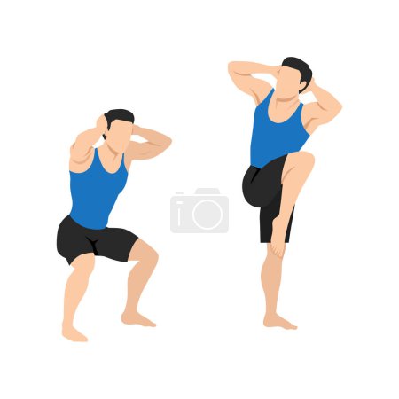 Ilustración de Hombre haciendo ejercicio de rodilla alta. Ilustración vectorial plana aislada sobre fondo blanco - Imagen libre de derechos