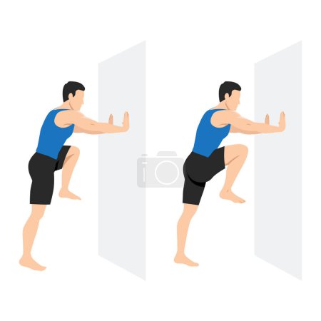 Ilustración de Hombre haciendo ejercicio de rodilla alta en la pared o contra la pared. Ilustración vectorial plana aislada sobre fondo blanco - Imagen libre de derechos