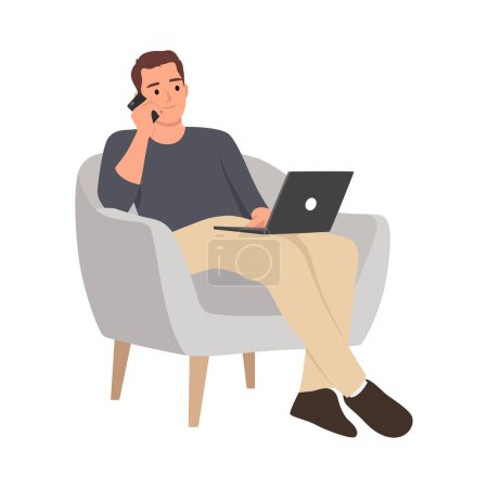 Ilustración de Joven hombre que trabaja en línea desde casa, sentado en sillón cómodo, utilizando el ordenador portátil y tener conversación telefónica con el socio de negocios, espacio de copia. Ilustración vectorial plana aislada sobre fondo blanco - Imagen libre de derechos