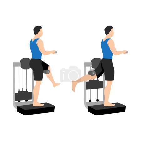 Illustration for Man doing Rear leg raise workout with machine. Lever standing rear kick exercise. Flat vector illustration isolated on white background - Royalty Free Image
