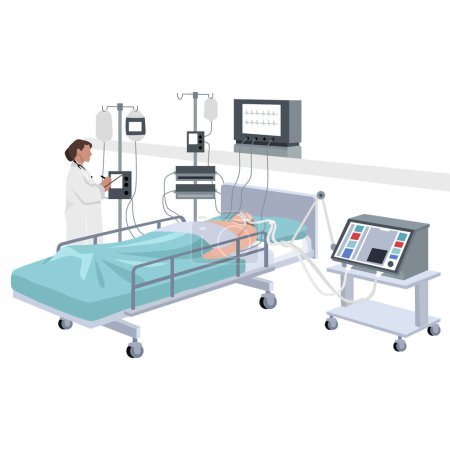Unidad de cuidados intensivos clínica con sensor de oxígeno de aire para ventilación médica. Tratamiento del paciente. Ilustración vectorial plana aislada sobre fondo blanco