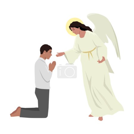 Illustration for Character of man, kneeling down holding hands praying and making worship, religious concept. Flat vector illustration isolated on white background - Royalty Free Image