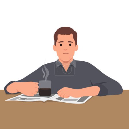 Illustration for Sleepy or tired employee. A hangover or a disease. Sad businessman holding a glass of coffee sitting on the desk. Flat vector illustration isolated on white background - Royalty Free Image