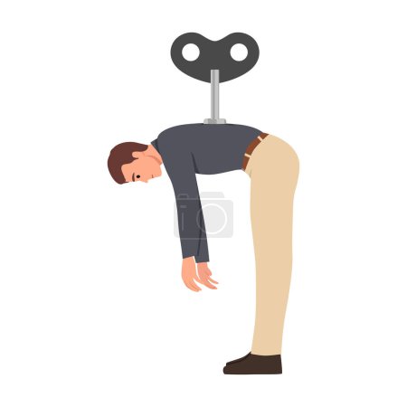 Illustration for Businessman with a key winder on his back sleeping. Turned off. Flat vector illustration isolated on white background - Royalty Free Image