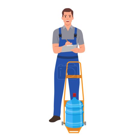 Illustration for Water delivery service. Cool vector character with delivery cart with bottles. Water cooler rental, supply and shipping service. Flat vector illustration isolated on white background - Royalty Free Image