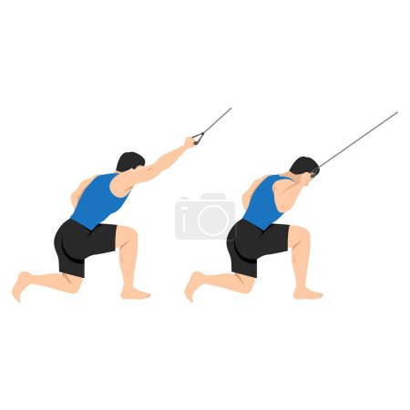 Illustration for Man doing half kneeling lat pulldown exercise. One arm lat pull down. Flat vector illustration isolated on white background - Royalty Free Image