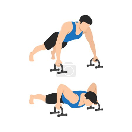 Illustration for Man doing Push ups On Floor Bars exercise. Flat vector illustration isolated on white background - Royalty Free Image
