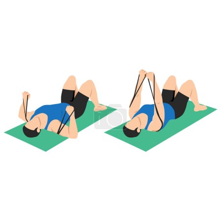 Man doing banded lying chest press from floor with yoga fitness mat. Flat vector illustration isolated on white background