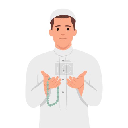 Téléchargez les illustrations : Homme musulman priant en tenant des perles de chapelet Illustration vectorielle plate isolée sur fond blanc - en licence libre de droit