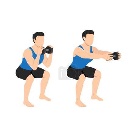 Illustration for Man doing dumbbell chest press squat exercise. Flat vector illustration isolated on white background - Royalty Free Image