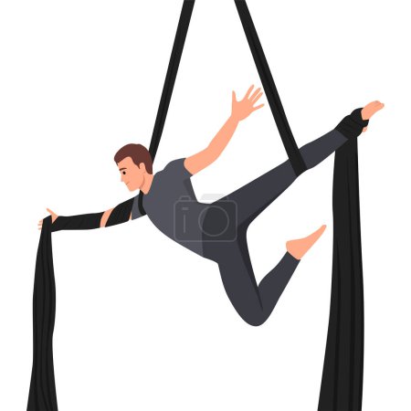 Illustration for Young man hanging in aerial silk. Flat vector illustration isolated on white background - Royalty Free Image