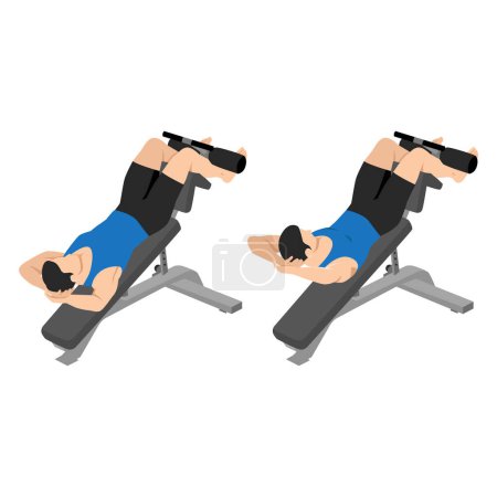 Illustration for Man doing decline crunch on a bench exercise. Flat vector illustration isolated on white background - Royalty Free Image