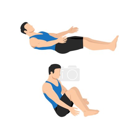 Illustration for Man doing the suitcase sit up exercise. Flat vector illustration isolated on white background - Royalty Free Image