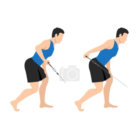 Illustration for Man doing low pulley tricep extensions. Cable tricep kickback exercise. Flat vector illustration isolated on white background - Royalty Free Image