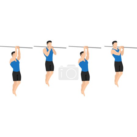Illustration for Man doing commando pull up exercise. Flat vector illustration isolated on white background - Royalty Free Image