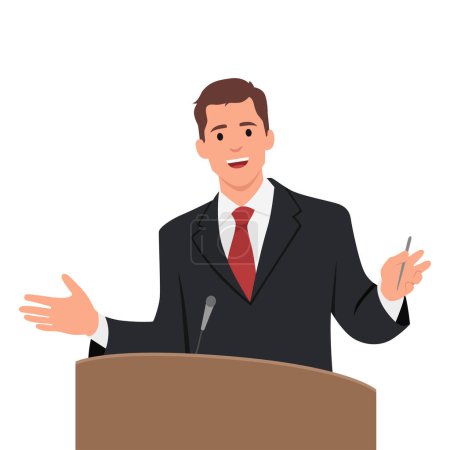 Illustration for Businessman or politician speaking at the podium. Flat vector illustration isolated on white background - Royalty Free Image