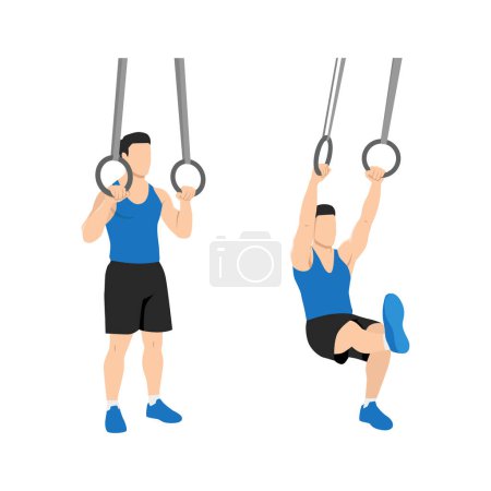 Illustration for Man doing ring supported pistol squat exercise. Flat vector illustration isolated on white background - Royalty Free Image