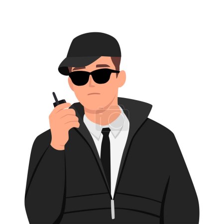 Illustration for Man bodyguard use walkie talkie to inform security service about arrival of guest or dangerous situation. Guy working as bodyguard wear formal suit to take care of safety important person or business. Flat vector illustration isolated on white backgr - Royalty Free Image