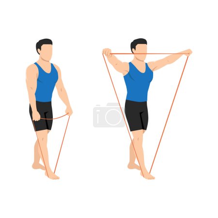 Illustration for Man doing lateral raises with resistance band exercise. Flat vector illustration isolated on white background - Royalty Free Image