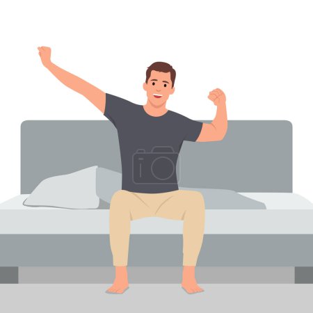 Illustration for Man stretching in bed after waking up, entering a day happy and relaxed after good night sleep. Sweet dreams, good morning. Flat vector illustration isolated on white background - Royalty Free Image