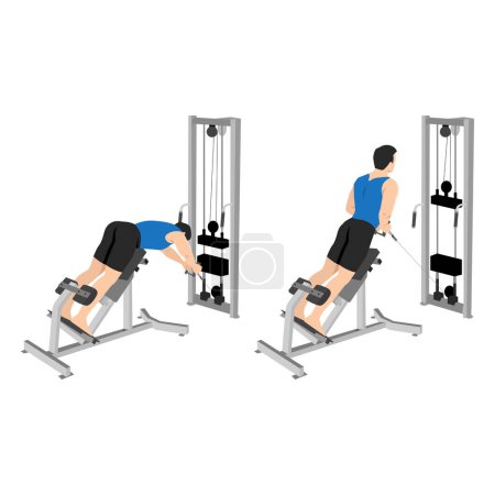 Illustration for Man doing crossover machine cable row and back extension exercise. Flat vector illustration isolated on white background - Royalty Free Image