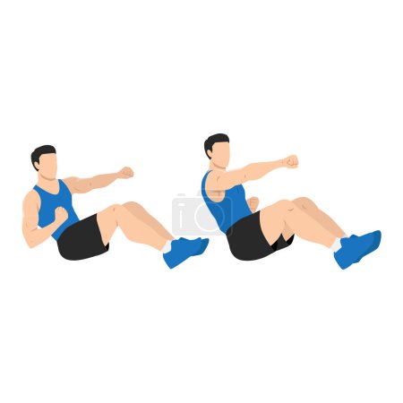 Illustration for Man doing seated punches exercise. Flat vector illustration isolated on white background - Royalty Free Image
