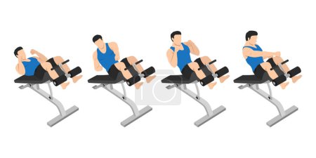 Illustration for Man doing incline crunch punches exercise. Flat vector illustration isolated on white background - Royalty Free Image