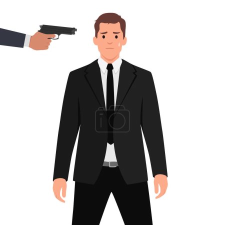 Illustration for Young man wearing suit in grief and fear because another man pointing a hand gun at him. Flat vector illustration isolated on white background - Royalty Free Image
