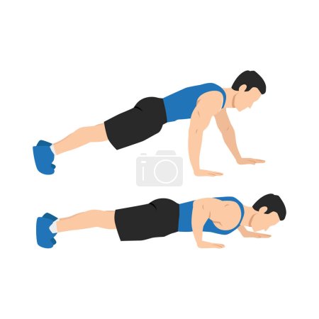 Illustration for Man doing staggered hand push up exercise. Flat vector illustration isolated on white background - Royalty Free Image