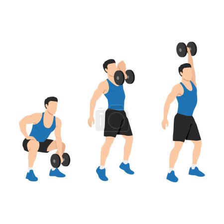 Man doing one arm dumbbell snatch exercise. Flat vector illustration isolated on white background