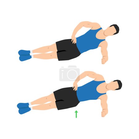 Illustration for Man doing side plank hip raises exercise. Flat vector illustration isolated on white background - Royalty Free Image