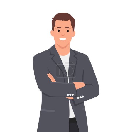 Powerful Successful Young Businessman with high self esteem and confidence dressed in stylish suit, pointing himself with fingers proud and happy. Flat vector illustration isolated on white background