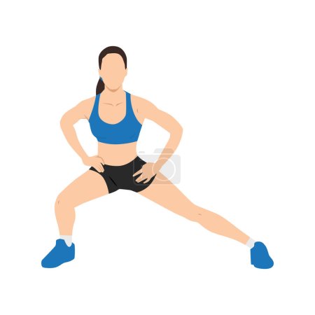Ilustración de Mujer haciendo aductor de pie o ejercicio de estiramiento de aducción. Ilustración vectorial plana aislada sobre fondo blanco - Imagen libre de derechos