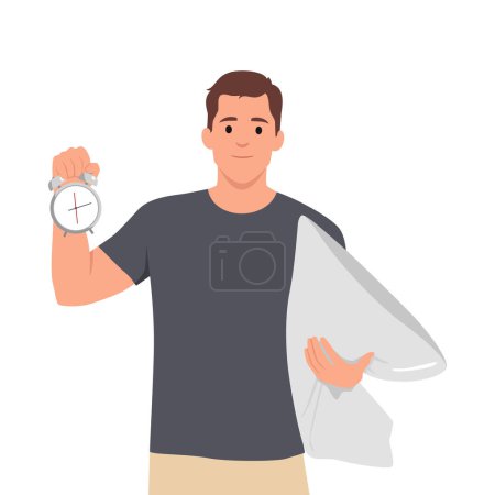 Illustration for Man is standing with a pillow and a clock. Flat vector illustration isolated on white background - Royalty Free Image