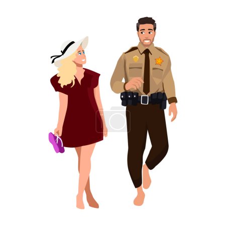 Illustration for Happy couple walking along a beach. Flat vector illustration isolated on white background - Royalty Free Image
