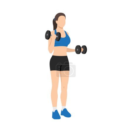 Mujer haciendo ejercicio medio estático Dumbbell bíceps rizos. Ilustración vectorial plana aislada sobre fondo blanco