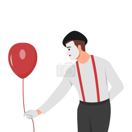 Illustration for Man mime with balloon invites you to comedy theater performance with paraders and clowns. Mime circus actor guy with white face. Flat vector illustration isolated on white background - Royalty Free Image