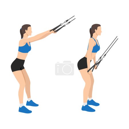 Illustration for Woman doing straight arm Rope lat pulldown exercise. Flat vector illustration isolated on white background - Royalty Free Image