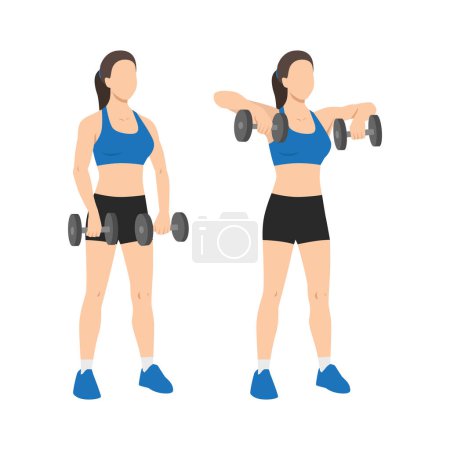 Mujer haciendo ejercicio de filas de pesas erguidas. Ilustración vectorial plana aislada sobre fondo blanco