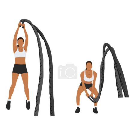 Illustration for Woman doing battle rope double arm slams exercise. flat vector illustration isolated on white background - Royalty Free Image
