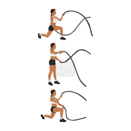 Téléchargez les illustrations : Femme faisant la corde de combat marche arrière fait l'exercice. Illustration vectorielle plate isolée sur fond blanc - en licence libre de droit