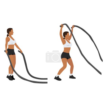 Téléchargez les illustrations : Femme faisant des exercices de saut à la corde de combat. Illustration vectorielle plate isolée sur fond blanc - en licence libre de droit