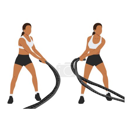 Téléchargez les illustrations : Femme faisant l'exercice des serpents de corde de bataille. Illustration vectorielle plate isolée sur fond blanc - en licence libre de droit