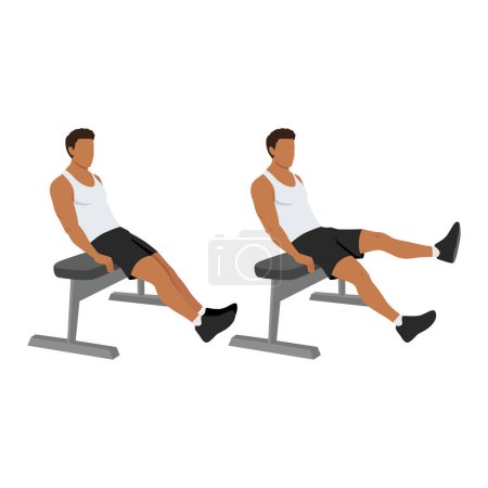 Illustration for Man doing seated bench extended flutter kicks exercise. Flat vector illustration isolated on white background. - Royalty Free Image