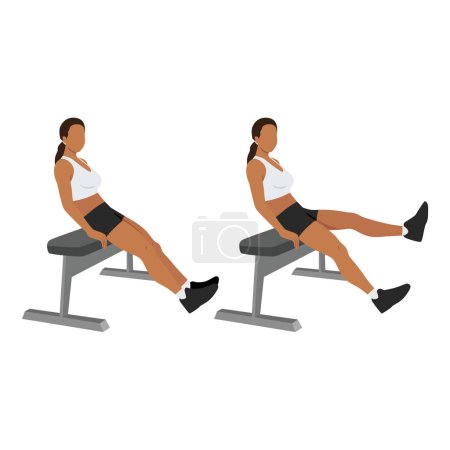 Illustration for Woman doing seated bench extended flutter kicks exercise. Flat vector illustration isolated on white background. - Royalty Free Image