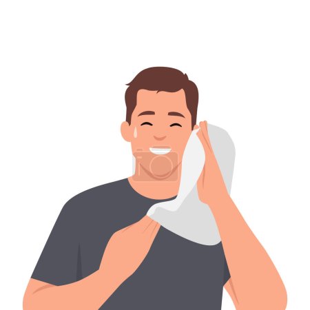 Ilustración de Hombre secándose con toalla después de sudar en el gimnasio mientras hace ejercicios o practica deporte. Ilustración vectorial plana aislada sobre fondo blanco - Imagen libre de derechos