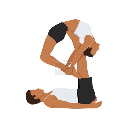 Illustration for Young couple doing Urdhva Dhanurasana couple yoga exercise. Flat vector illustration isolated on white background - Royalty Free Image