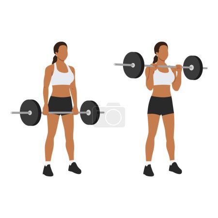 Woman doing Reverse barbell curl exercise. Flat vector illustration isolated on white background