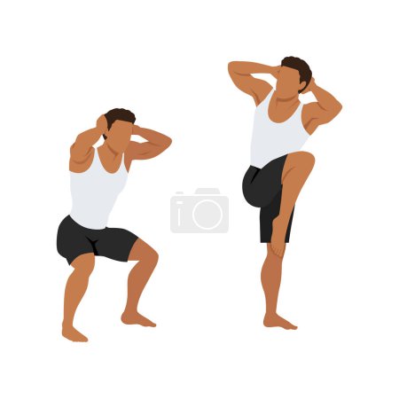 Illustration for Man doing high knee squat exercise. Flat vector illustration isolated on white background - Royalty Free Image